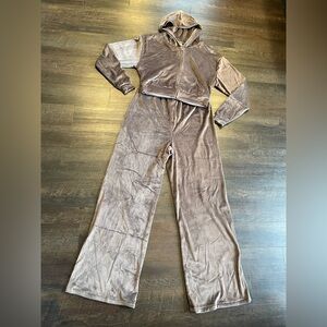 Skims Velour Hoodie 2 piece Tracksuit Set Cropped Jacket Brown Size Large
